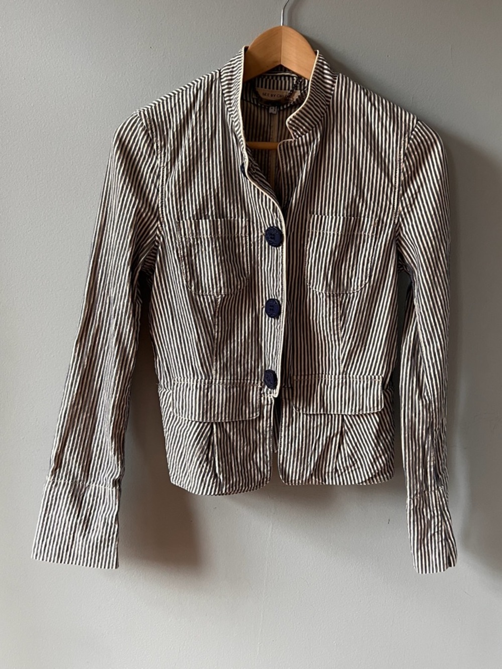 See By Chloe blue & off white tailored Striped Cotton jacket